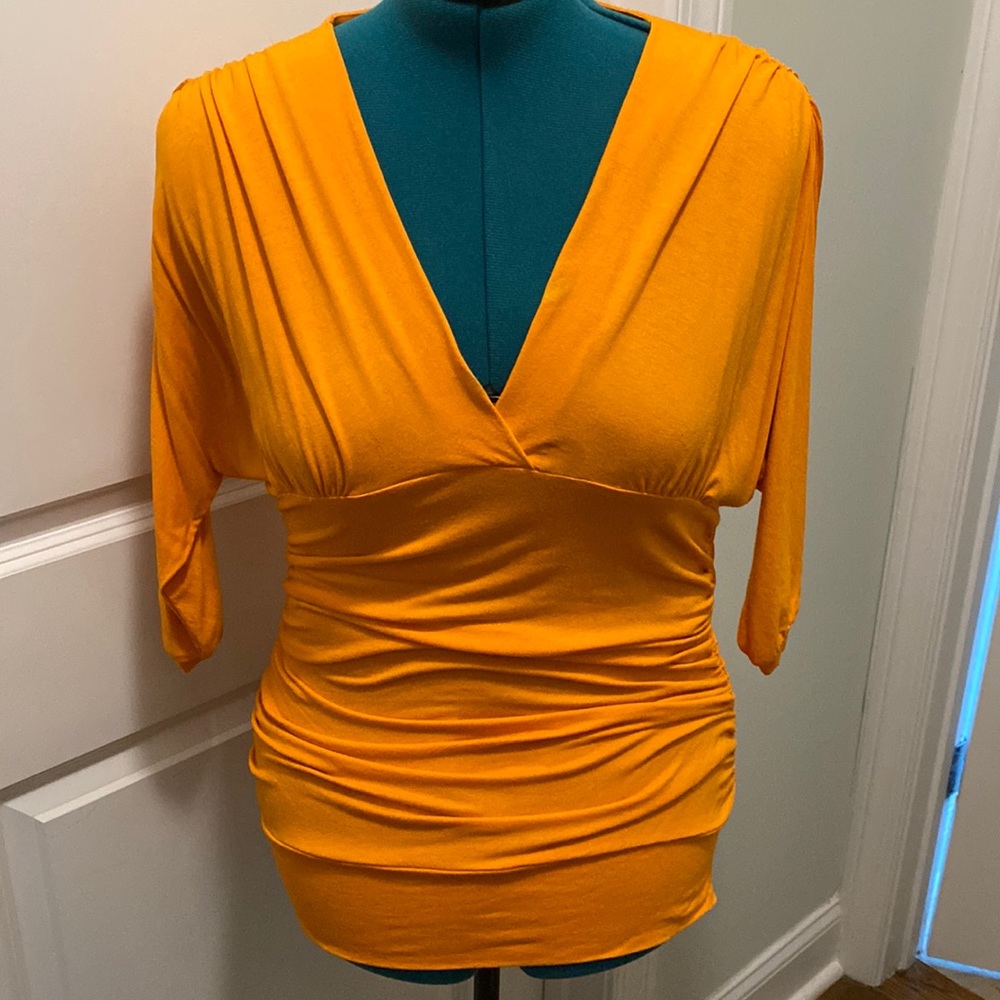 EUC Arden B. Large vneck fitted, ruched top in Orange, rayon & spandex